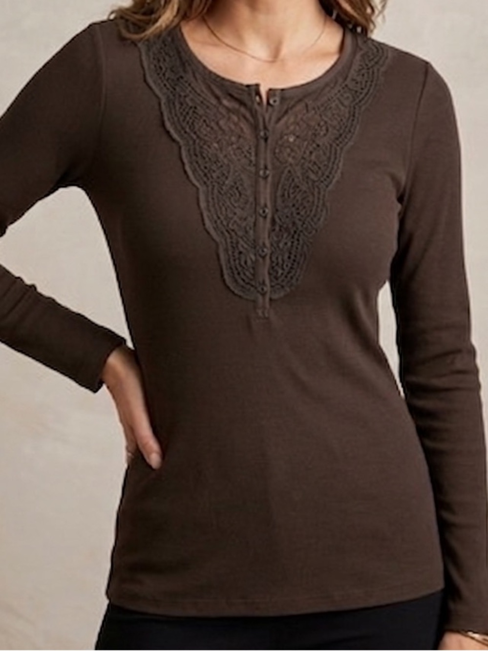 Eddie Bauer Lace-Accent Waffle Long Sleeve Top
